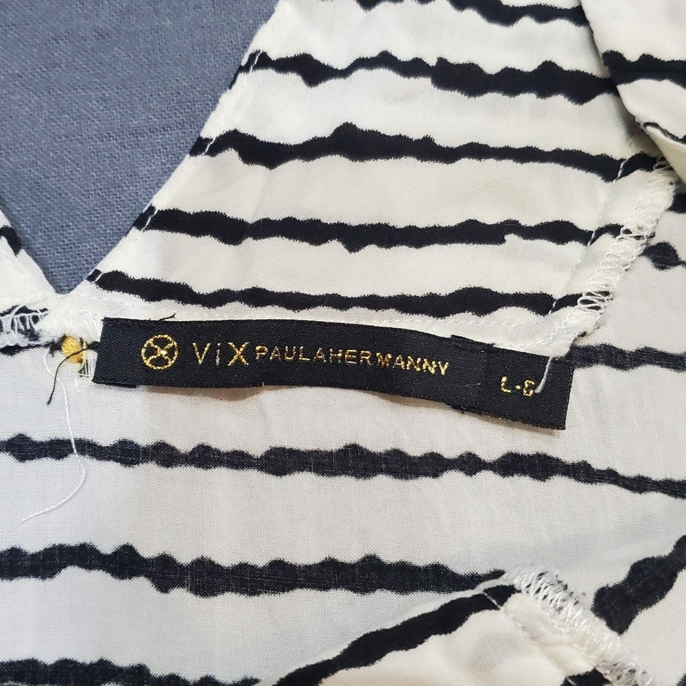 ViX PAULA HERMANNY Striped Beach Cover Up Tunic Dress V-Neck Black White Large L - Picture 2 of 7